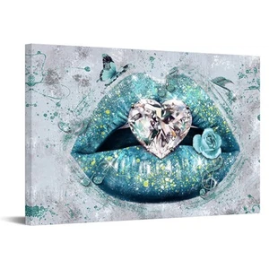 Lip Canvas Wall Art Woman Fashion Diamond Painting Picture Teal Lips Artwork ... - Picture 1 of 6