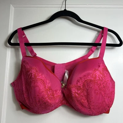Cacique 42DDD Smooth Balconette Pink Underwire Lined Bow Lace Overlay - Image 1 of 4