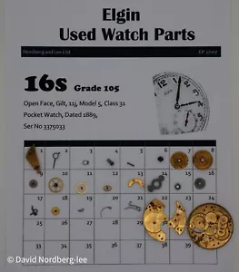 Piezas de reloj usado Elgin 16/16s grado 105 modelo 5 clase 31 ser no 3375033 - Imagen 1 de 1