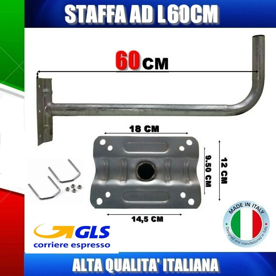 SUPPORTO PALO/STAFFA A MURO AD L MAXI DA 60CM PER PARABOLA SATELLITARE +supporti - Immagine 1 di 1