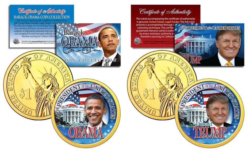DONALD TRUMP & BARACK OBAMA COLORIZED 24KT GOLD COIN SET! COA & STANDS - Image 1 of 1