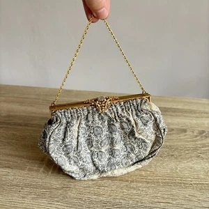 "Bolso de mano vintage de seda para damas de 7"" con patrón plateado y dorado de encaje" - Imagen 1 de 15