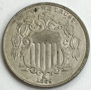 1869 UNITED STATES 5 CENT SHIELD NICKEL 5c COIN ABOUT UNCIRCULATED CONDITION - Picture 1 of 2