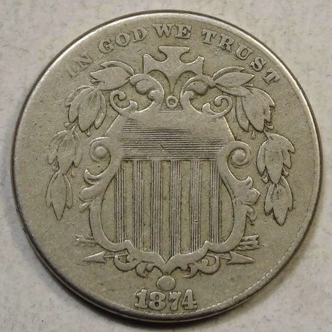 1874 Shield Nickel, Fine, Better Date, Problem Free    0206-04 Cover