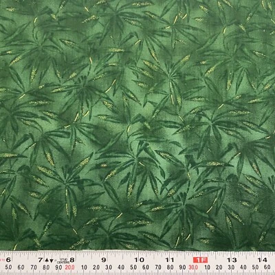 Metallic Gold Leaves Green Cotton Fabric Remnant 13" x 43" - Image 1 of 2