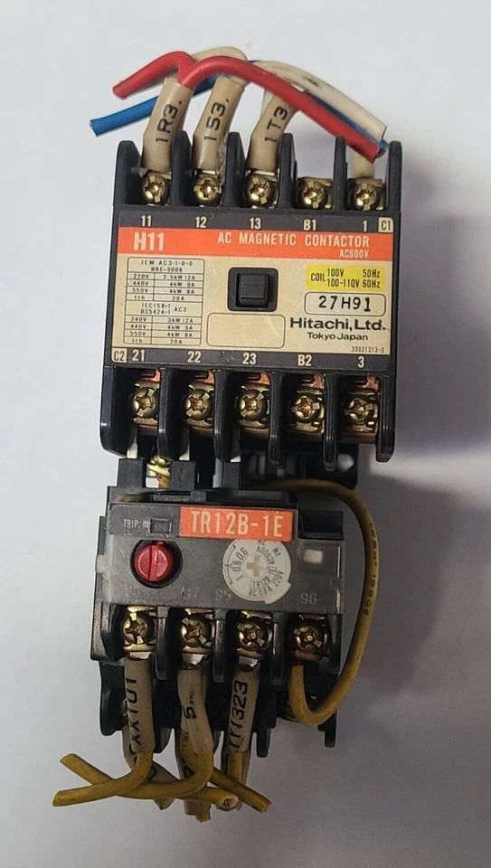Contactor magnético CA HITACHI H11 27H91 AC600V con relé de sobrecarga térmica TR12B-1E Foto 1 de 1