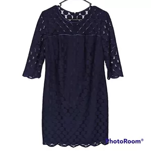 Adrianna Papell Dress Womens Sz 6 Navy Blue Dots 3/4 Sleeve Dress Silk Blend - Picture 1 of 12