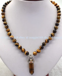 Genuine 8mm Natural Yellow Tiger's Eye Round Gemstone Beads Pendant Necklace 18" - Picture 1 of 12