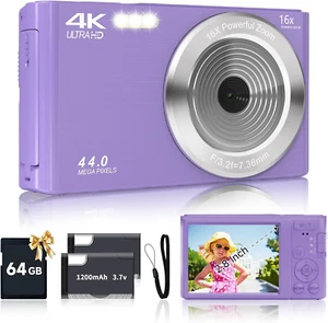  4K 44MP Compact Digital Camera with 64GB Card 16X Zoom for Teens Purple - Picture 1 of 12