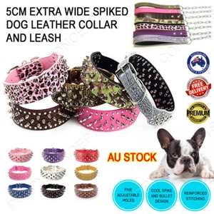 Leather Collar Extra Wide Spike Spiked Rivet Stud Studded Large Pet Dog 5cm - Picture 1 of 42
