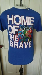Justice League, Home Of The Brave, Men's Blue Superhero DC T-Shirt Size M NWT - Picture 1 of 4