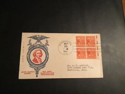 FDC 1941 #811EE SADWORTH 6 Cent Block JOHN QUINCY ADAMS Cachet USA - Image 1 of 2