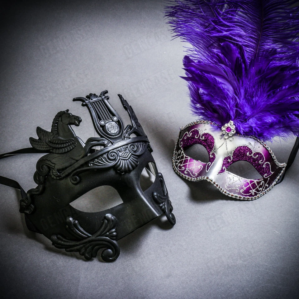Black Pegasus Warrior & Silver MardiGras Mask w/ Top Purple Feather Couple Masks - Image 1 of 1