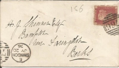 GB QV 1876 COVER PENNY RED ‘PF’ PL 156 FROM SWINDON TO BAMPTON 20TH JULY 1876 - Image 1 of 2