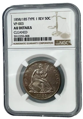 1858/185 Type 1 Rev. VP-003-Double Date Seated Liberty Half Dollar NGC AU Detail - Image 1 of 4