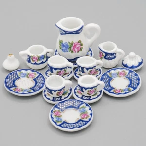 1:12 casa delle bambole 15 pezzi porcellana set da tè fiore blu tazza ceramica decorazione miniatura - Foto 1 di 12