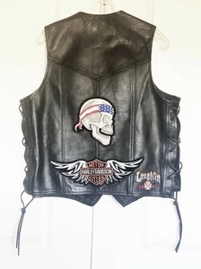 BONUS HARLEY DAVIDSON BLACK LEATHER LACE UP SKULL PATCHES VEST SIZE: 40 / M - Picture 1 of 7
