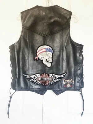 CHALECO BONUS HARLEY DAVIDSON CUERO NEGRO CON CORDONES PARCHES CALAVERA TALLA: 40/M Foto 1 de 4