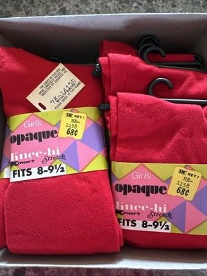 NWT Vintage Girl’s Nylon Knee High Socks Red Deadstock 12 Pair In Box Red - Image 1 of 3