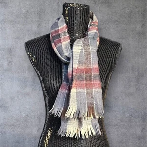 Cashmere Feel Plaid Scarf 100% Acrylic Fringe 54x12 Made in Japan Soft Winter - Picture 1 of 9
