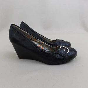 American Eagle Buckle Accent Wedge Heels Size 7 Black #3759 - Picture 1 of 9