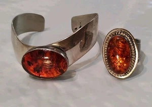 Hermoso Brazalete Ámbar Báltico Piedra Grande y Anillo Plata de Ley Firmado DTR - Imagen 1 de 11