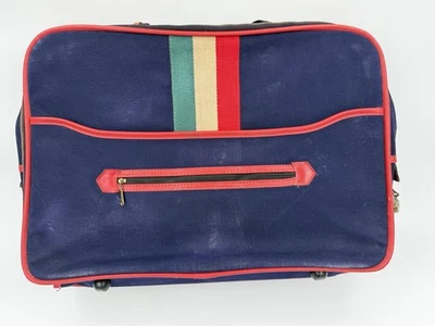 "Maleta Lark vintage años 60 cuero ribete lona, equipaje de mano expandible, fin de semana 18""" Foto 1 de 4