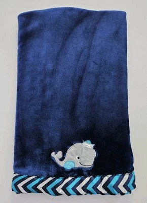 Banana Fish Whale Blue Teal Gray Plush w Satin Chevron Edge Baby Boy Blanket EUC - Image 1 of 4
