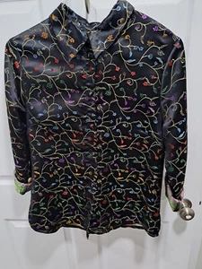 Asiatisches Design schwarz Blumen Jacke Goldfaden Seidenmischung Flip Manschette Damen M - Bild 1 von 5