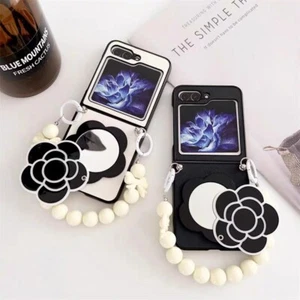 Custodia in pelle catena bracciale specchio fiore trucco per Samsung Z Flip6 Flip5/4/3 - Foto 1 di 14