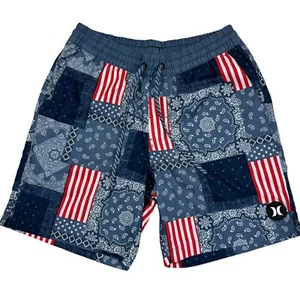 Hurley Men's USA Patchwork Print Lined Boadshorts Drawstring Shorts Sz M America - Picture 1 of 13