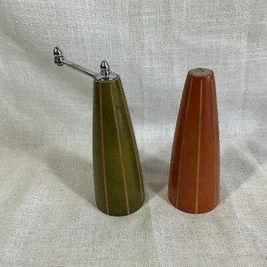 Bounds Retro Modern Striped Wooden Salt Shaker and Pepper, Dated, Orange, Green - Picture 1 of 10