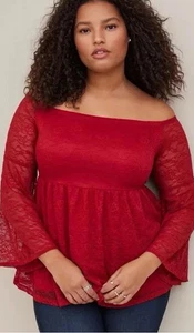 Sexy Babydoll Top Rojo 3 3X Vamp caprichoso gótico con mangas de campana con hombros descubiertos de encaje tórrido - Imagen 1 de 8