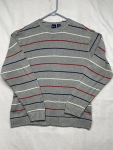 Basic Editions Sweater Mens Large Gray Stripe Crewneck 100% Cotton Pullover - Picture 1 of 8