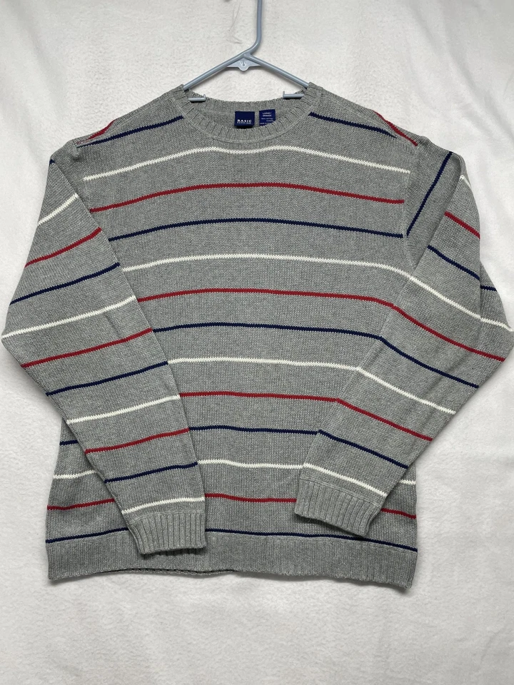 Basic Editions Sweater Mens Large Gray Stripe Crewneck 100% Cotton Pullover - Image 1 of 4