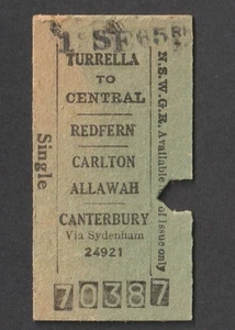 BILLETE DE TREN ÚNICO DE COLECCIÓN DE FERROCARRILES DEL GOBIERNO DE N.S.W DE LOS AÑOS 60 TURELLA A CENTRAL - Imagen 1 de 2