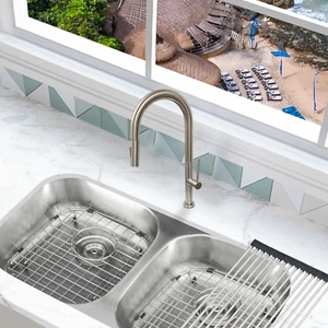 17.63" Brushed Nickel Finish Pull Out Down Kitchen Faucet, Dual Function Sprayer - Picture 1 of 9