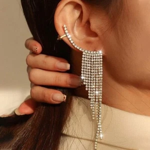 Long Tassel Ear Clip Stuf Sweet Exquisite Sparkling Bride Earrings - Picture 1 of 3