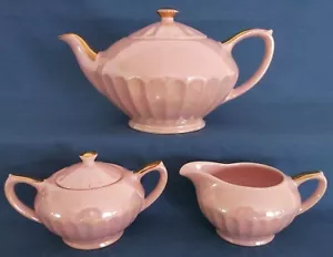 VINTAGE SADLER PINK LUSTRE ART DECO TEAPOT MILK JUG SUGAR POT SET ENGLAND c1930s - Picture 1 of 12
