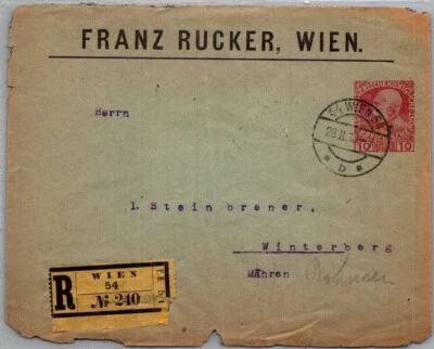 AUSTRIA POSTAL HISTORY OSTERREICH REG COVER STATIONERY ADDR CANC WIEN YR'1910 - Image 1 of 2