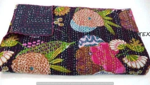 Indian Kantha Quilt Tropical print Black Queen Cotton Bedcover Throw Bedspread - Picture 1 of 5