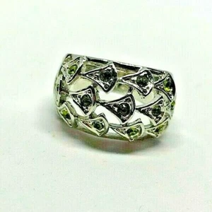 Vintage Silver Metal Green Crystals Rhinestone Diamante Ring 1980' Size R - Picture 1 of 5