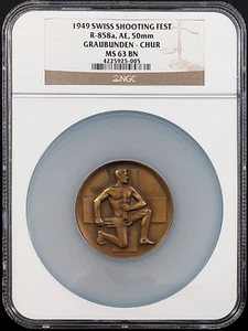 1949 Swiss Shooting Medal, R-858a, AE, 50 mm, Graubunden-Chur, MS 63 BN by NGC! - Picture 1 of 6