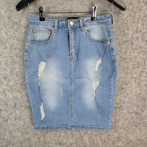 Valleygirl Skirt Womens 10 Blue Distressed Straight Pencil Denim Pockets NEW - Picture 1 of 10