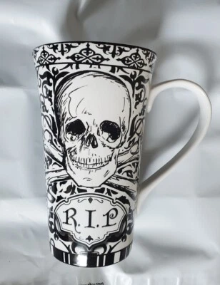222 Fifth Skulloween Skull Mug Cup RIP Porcelain Halloween Crossbones - Image 1 of 4