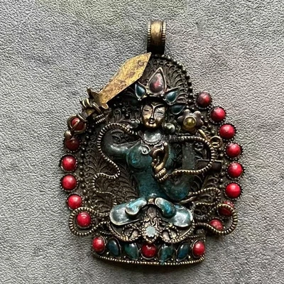 VTG Tibetan Bronze Manjushri Pendant Copper Enamel Filigree w/ Sanskrit Script - Image 1 of 4
