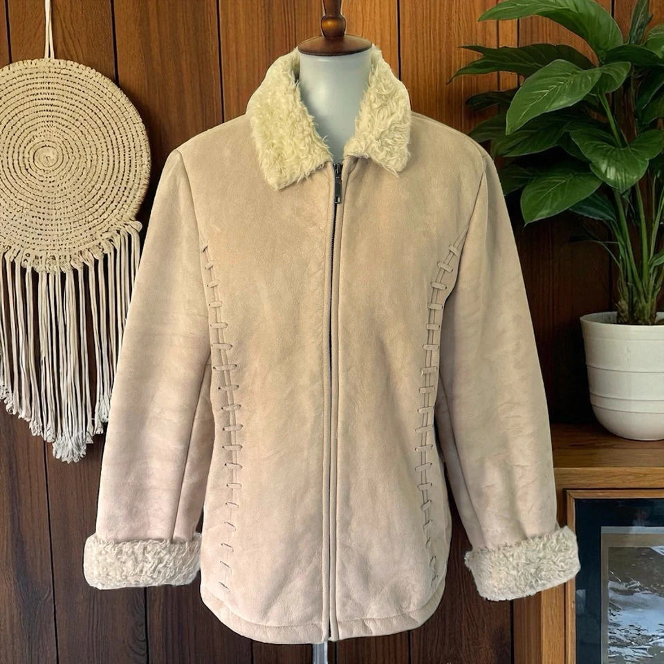 De Colección Años 90/Y2K Difuso Piel Sintética Forrado Imitación Gamuza Chaqueta Abrigo Boho Hippie Penny Lane L Foto 1 de 4