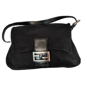 Fendi Mamma Baguette Black Nylon Leather Shoulder Bag Silver FF Logo Italy - Picture 1 of 7