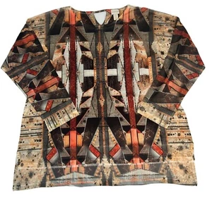 Chico's Beaded Sequins Aztec Long Sleeve Top Women's Sz 3/L Tan Multi Hi-Lo Hem - Picture 1 of 5