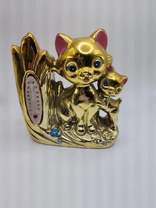 VTG JAPAN CAT MAMA KITTEN GOLD DESK OFFICE ORGANIZER THERMOMETER MCM HTF RARE - Picture 1 of 4